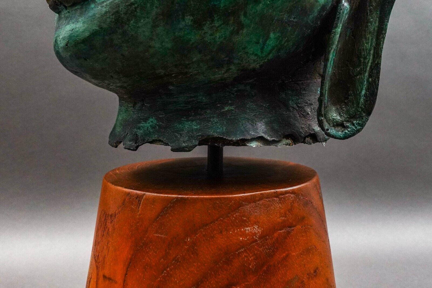 Southeast Asian Thai Large Lifesize Bronze Head Of Buddha On Wood Base Sculpture