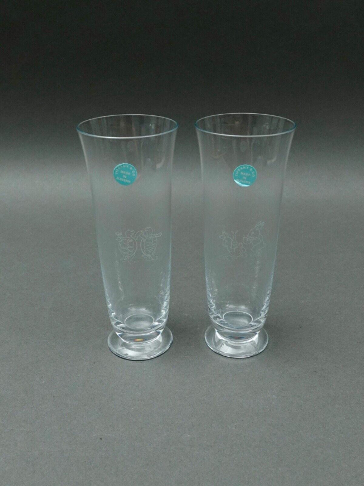 Tiffany & Co Signed Turtle Hare Rabbit Fluted Champagne Crystal Glass Set Of 2