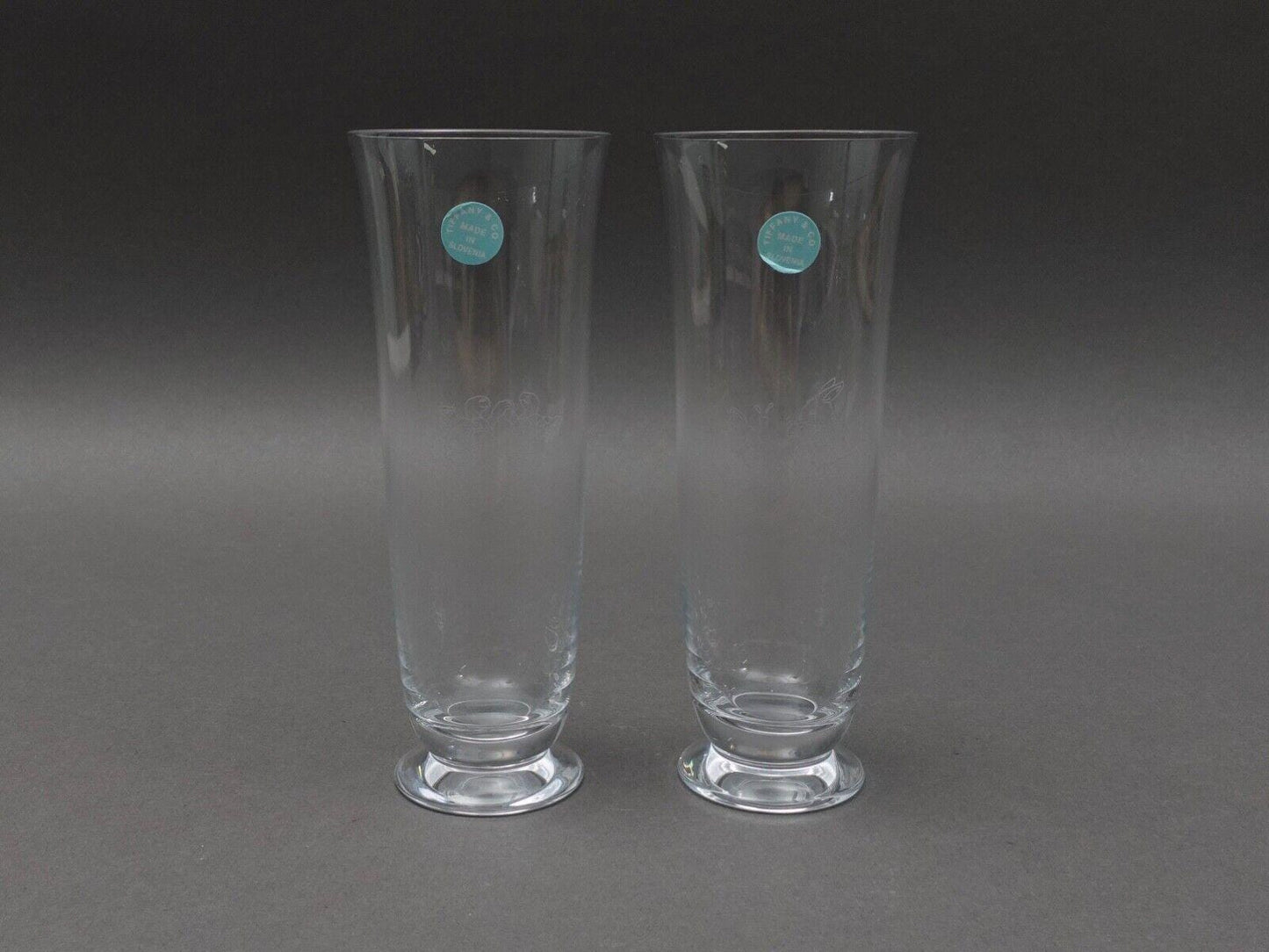 Tiffany & Co Signed Turtle Hare Rabbit Fluted Champagne Crystal Glass Set Of 2
