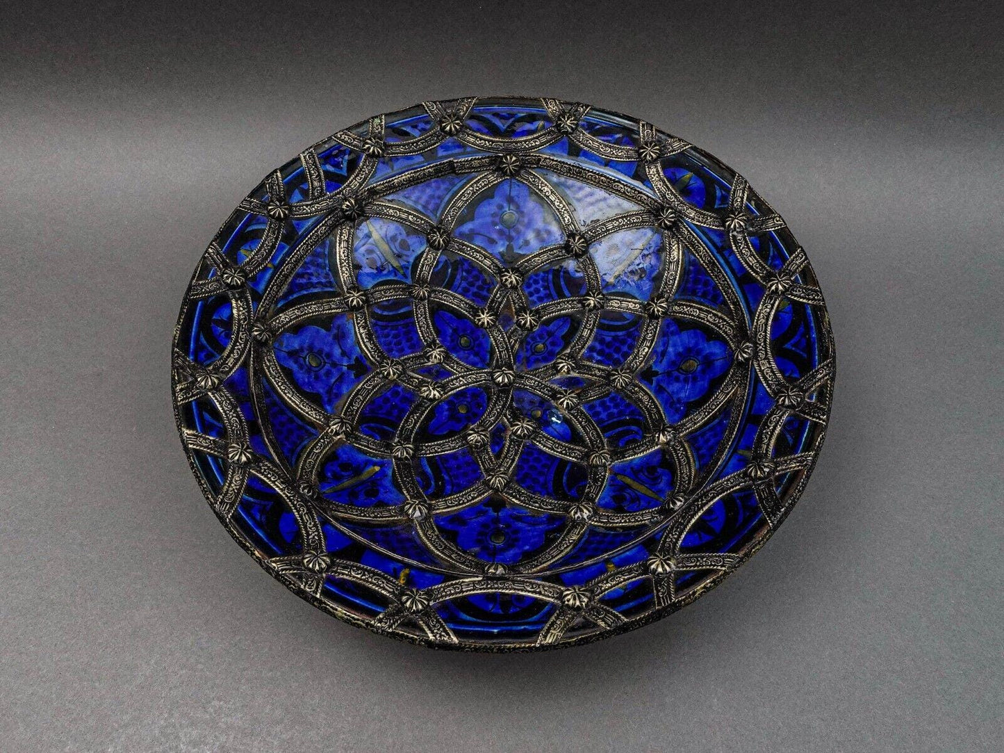 Safi Signed Large Morrocan Fez Nickel-Silver Filgree Enamel Art Pottery Bowl 16"