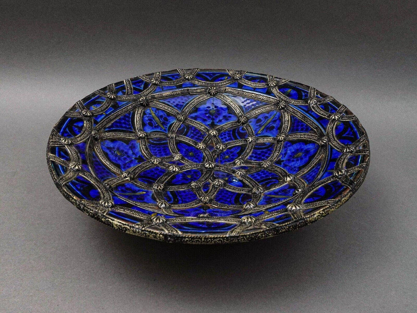Safi Signed Large Morrocan Fez Nickel-Silver Filgree Enamel Art Pottery Bowl 16"