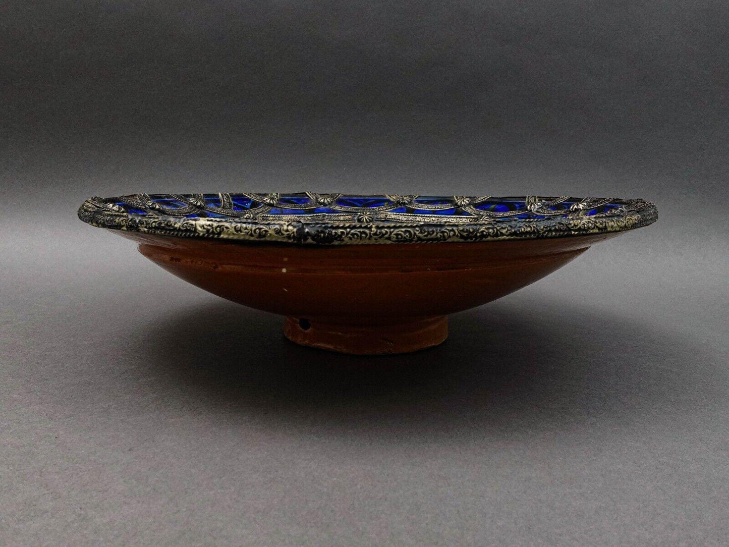 Safi Signed Large Morrocan Fez Nickel-Silver Filgree Enamel Art Pottery Bowl 16"