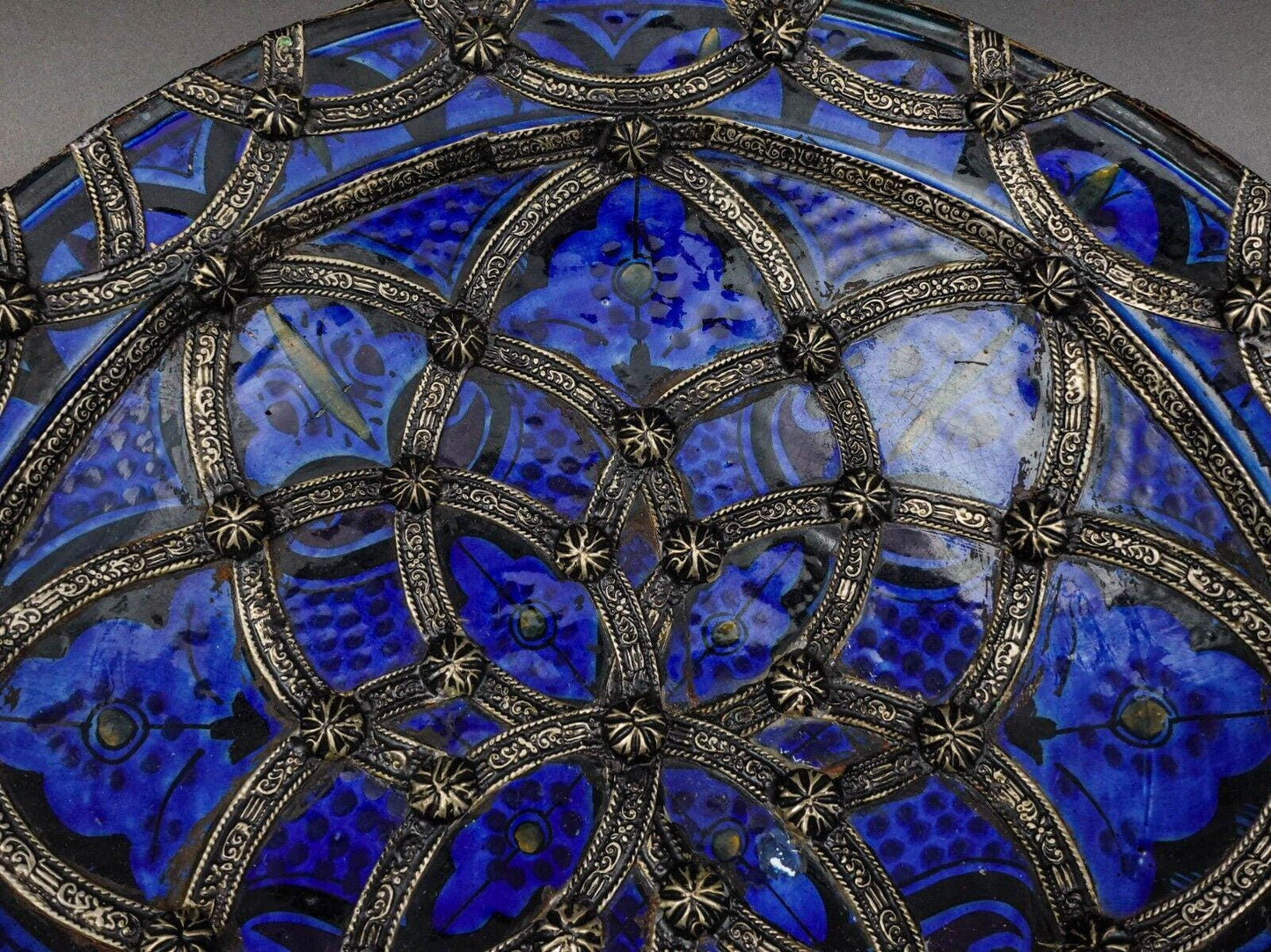 Safi Signed Large Morrocan Fez Nickel-Silver Filgree Enamel Art Pottery Bowl 16"