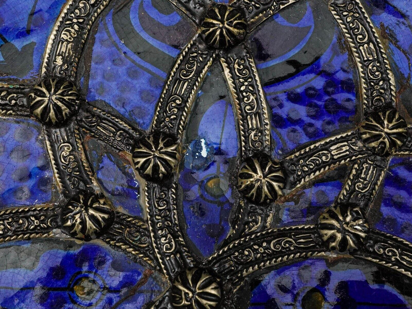 Safi Signed Large Morrocan Fez Nickel-Silver Filgree Enamel Art Pottery Bowl 16"