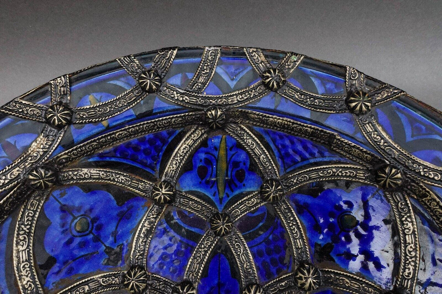 Safi Signed Large Morrocan Fez Nickel-Silver Filgree Enamel Art Pottery Bowl 16"