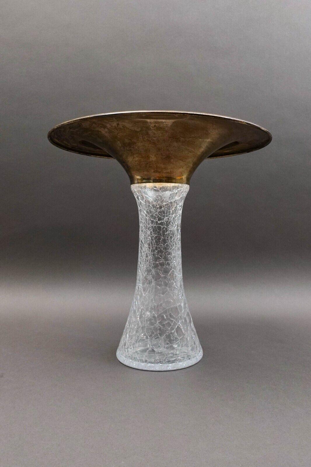 Vetri Murano Italy Signed Flared Sterling Silver Rim Crackle Glass Vase