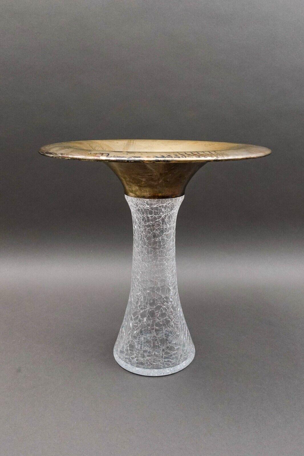 Vetri Murano Italy Signed Flared Sterling Silver Rim Crackle Glass Vase