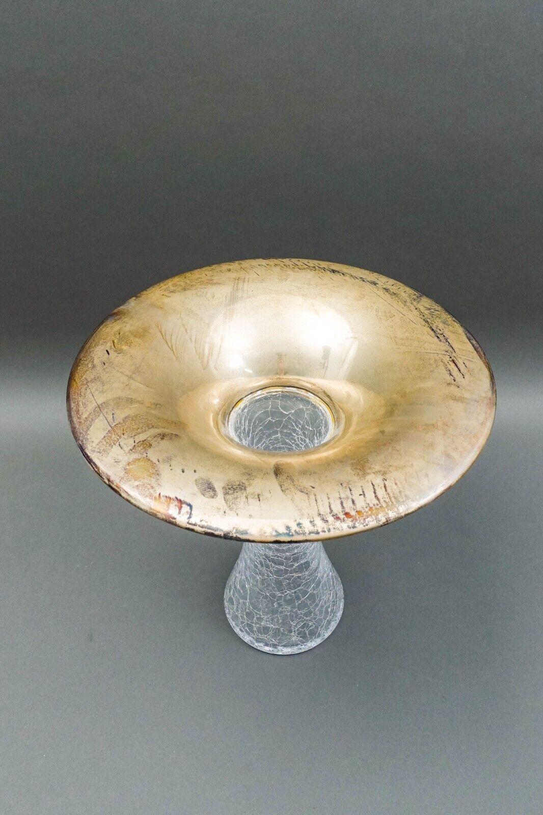 Vetri Murano Italy Signed Flared Sterling Silver Rim Crackle Glass Vase