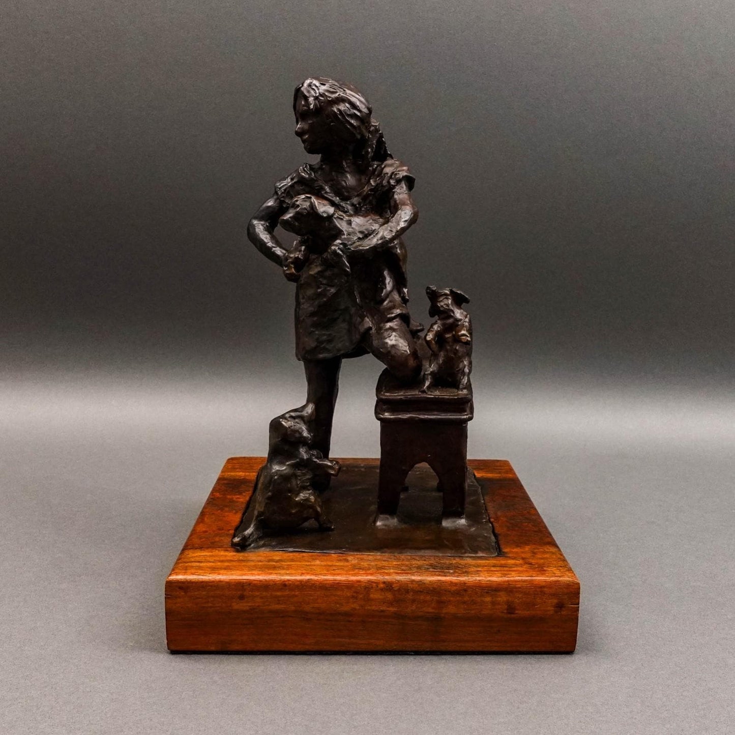 David Spence 2007 Signed Large Girl With Dogs Bronze Sculpture 13 1/4"