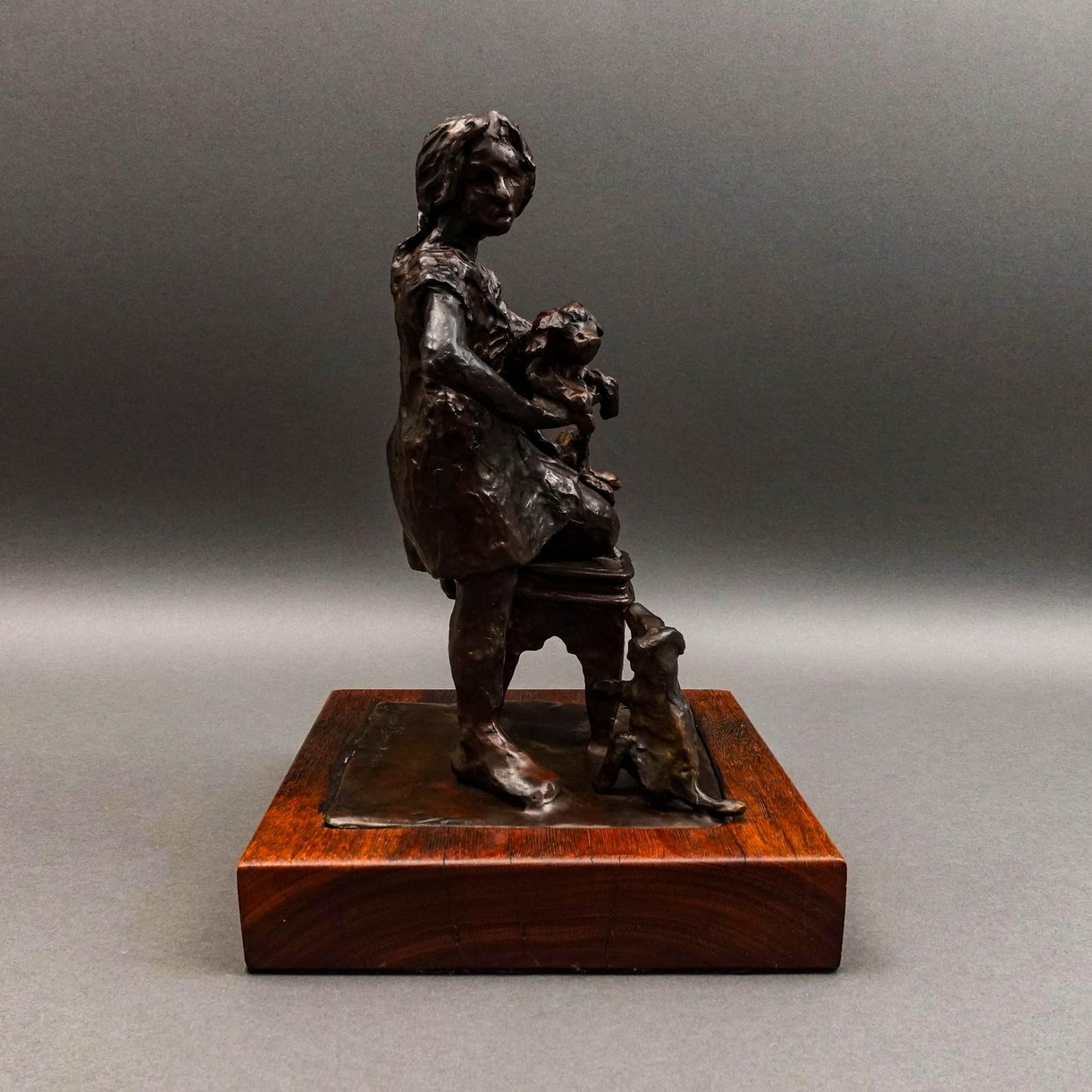 David Spence 2007 Signed Large Girl With Dogs Bronze Sculpture 13 1/4"
