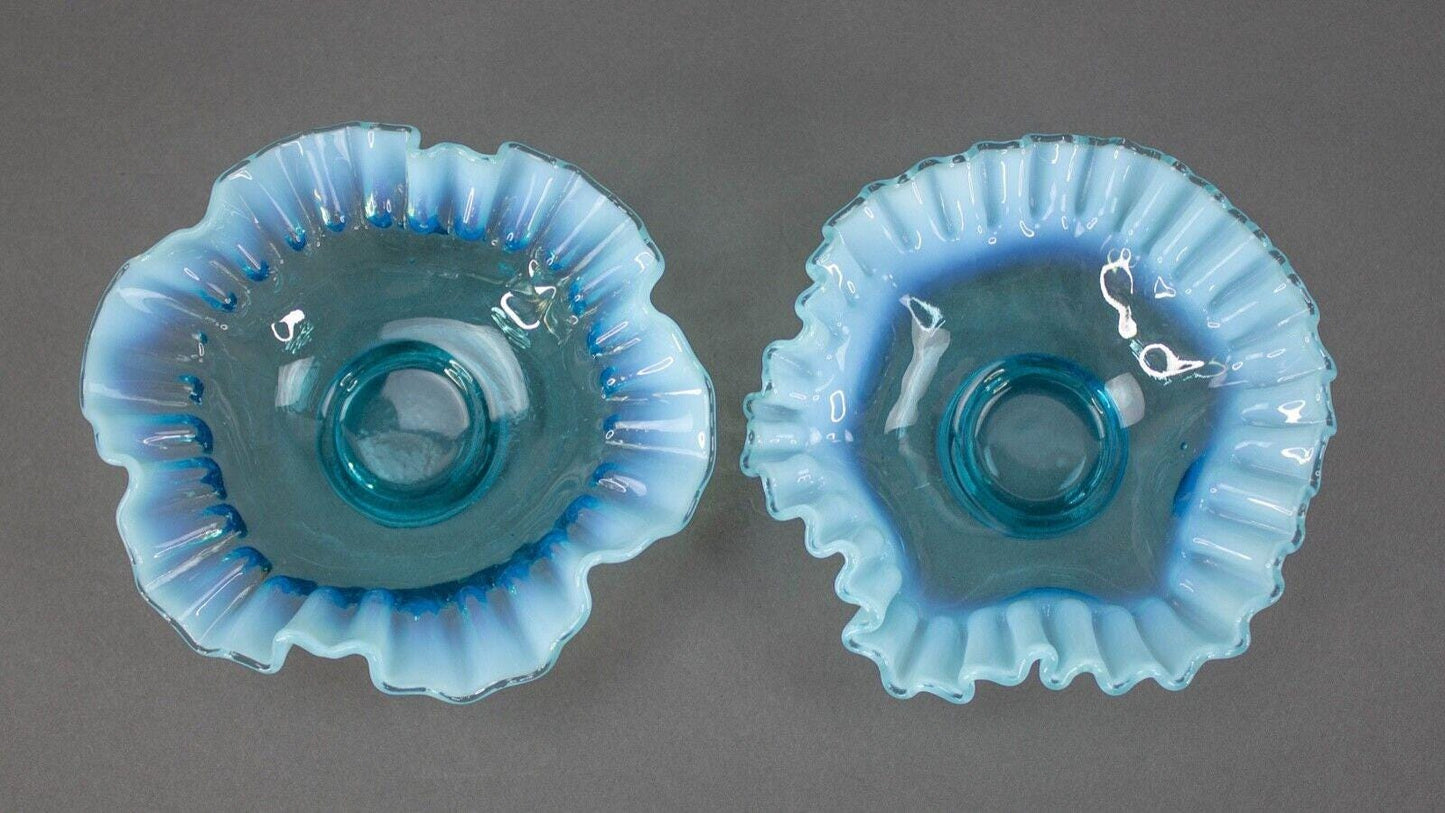 Fenton Blue Opalescent Crimped And Ruffled Art Glass 5.25" Bowls
