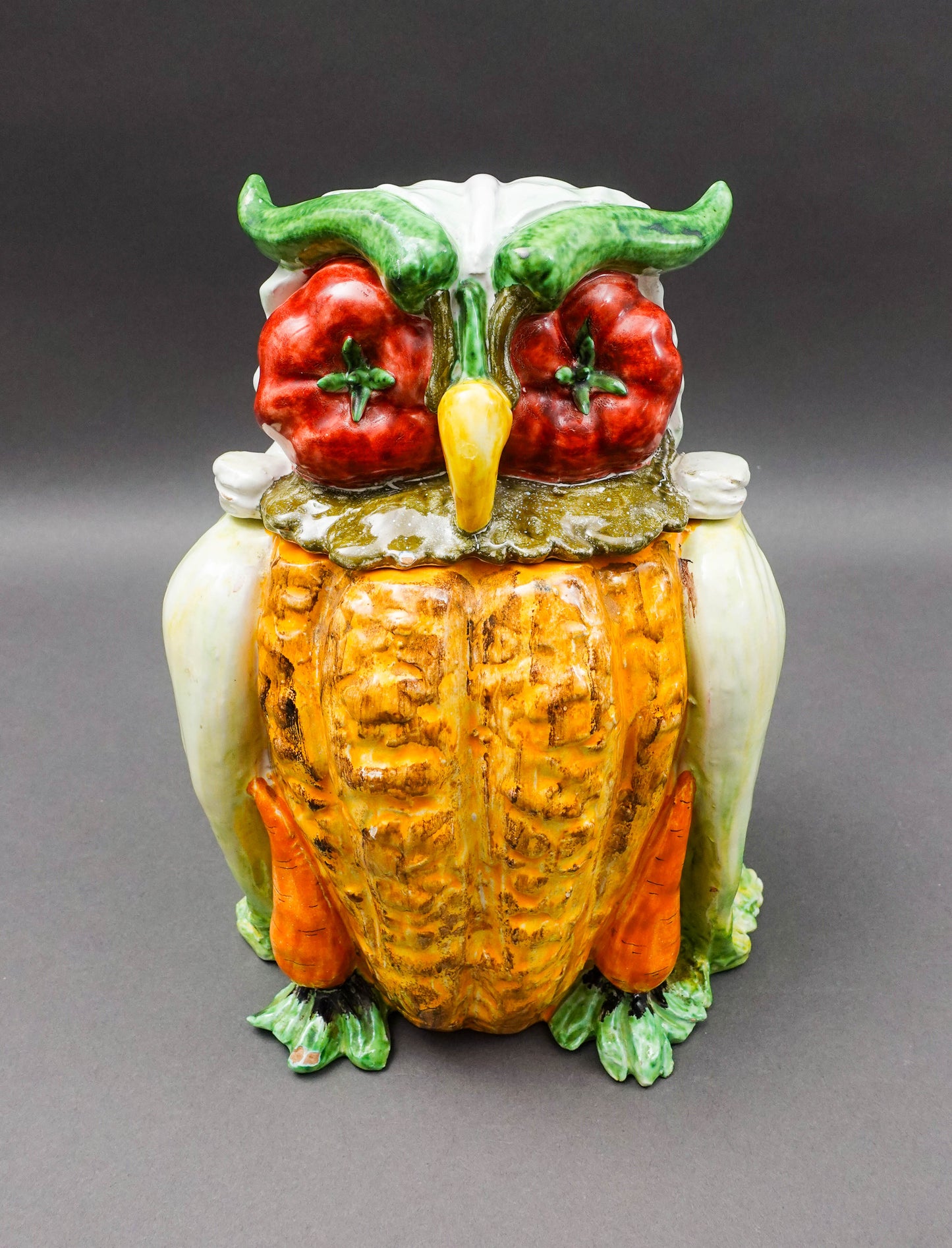 Vintage Italian Majolica Vegetables Owl Art Pottery Cookie Jar Canister (Read)