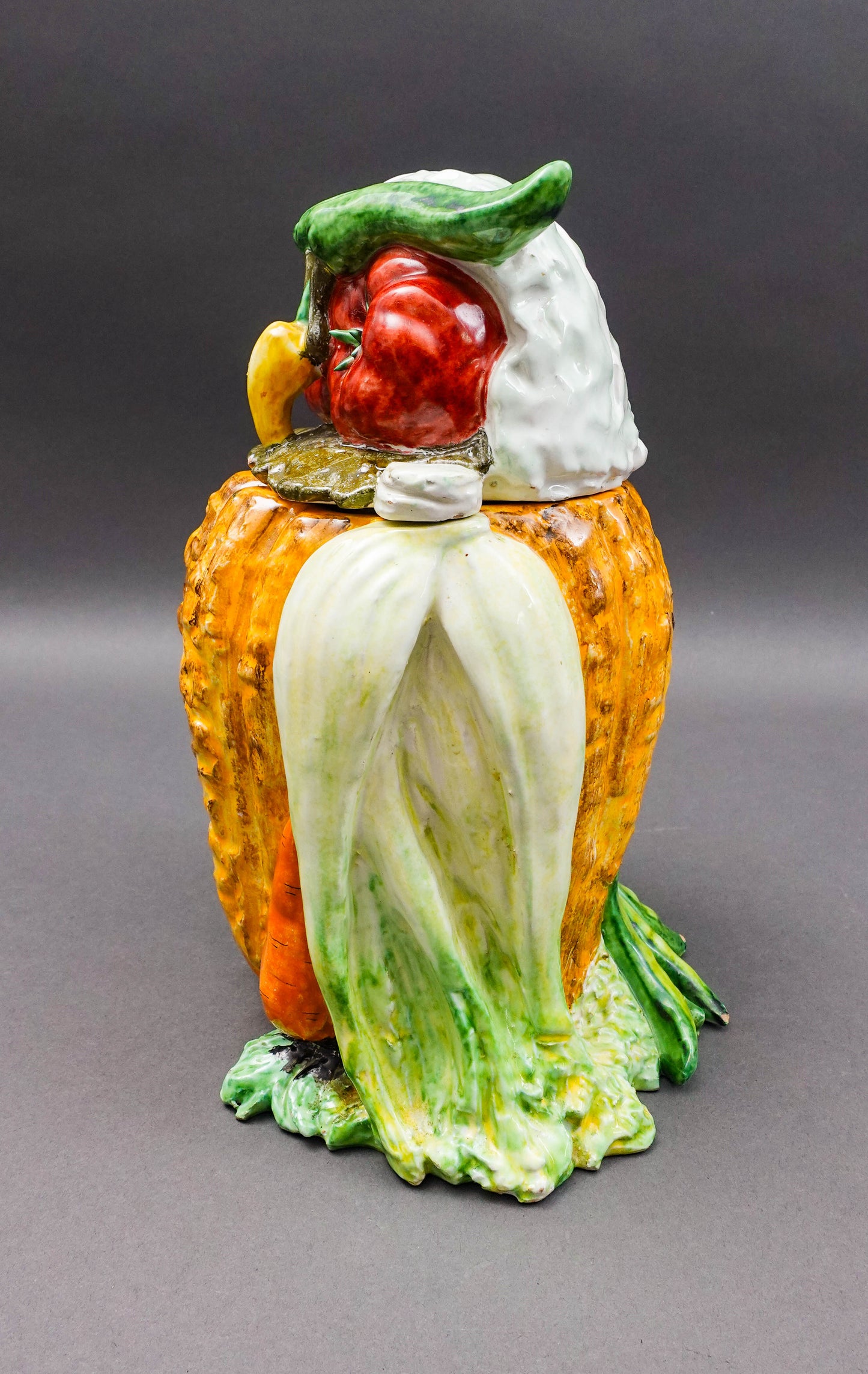 Vintage Italian Majolica Vegetables Owl Art Pottery Cookie Jar Canister (Read)