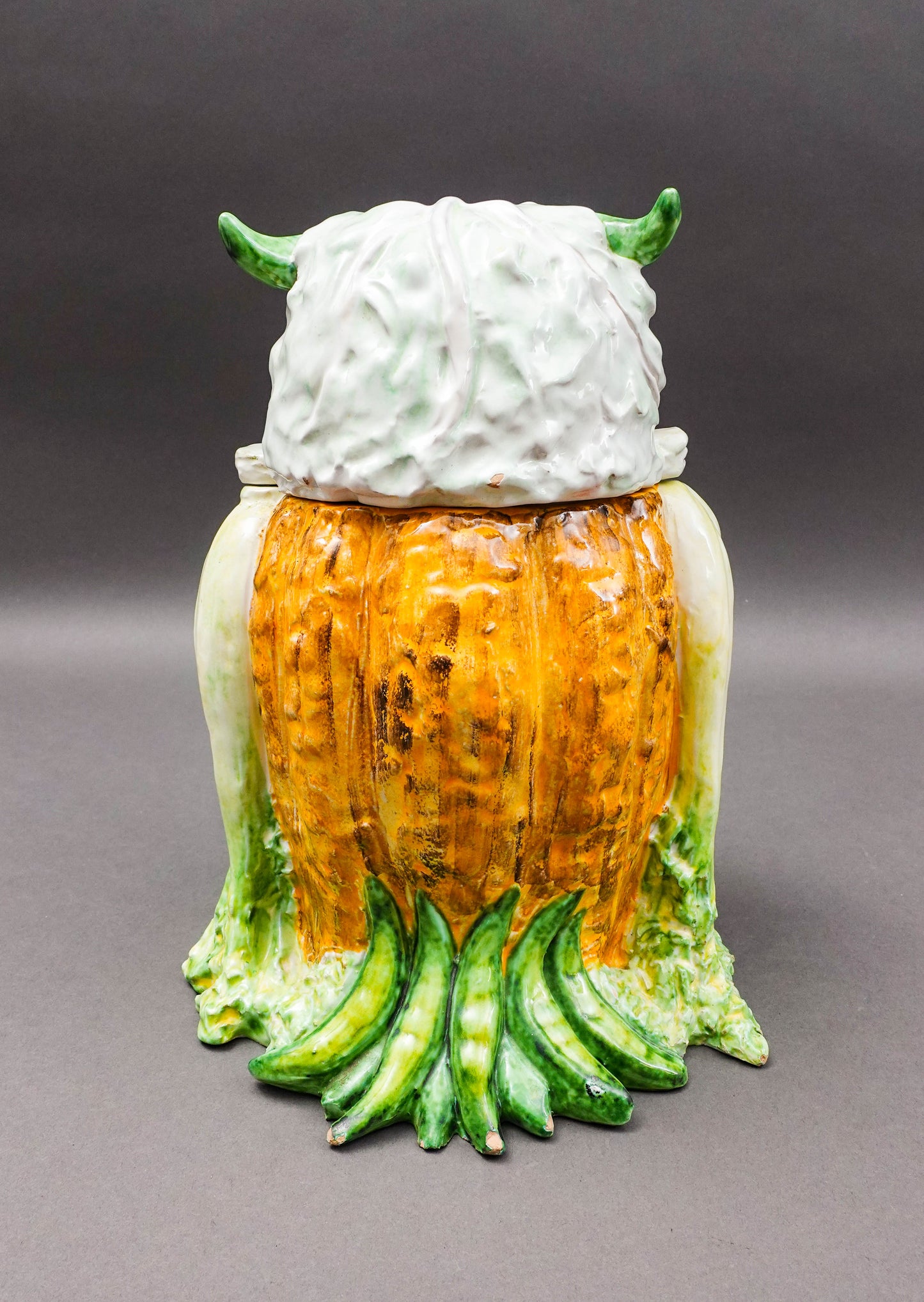 Vintage Italian Majolica Vegetables Owl Art Pottery Cookie Jar Canister (Read)
