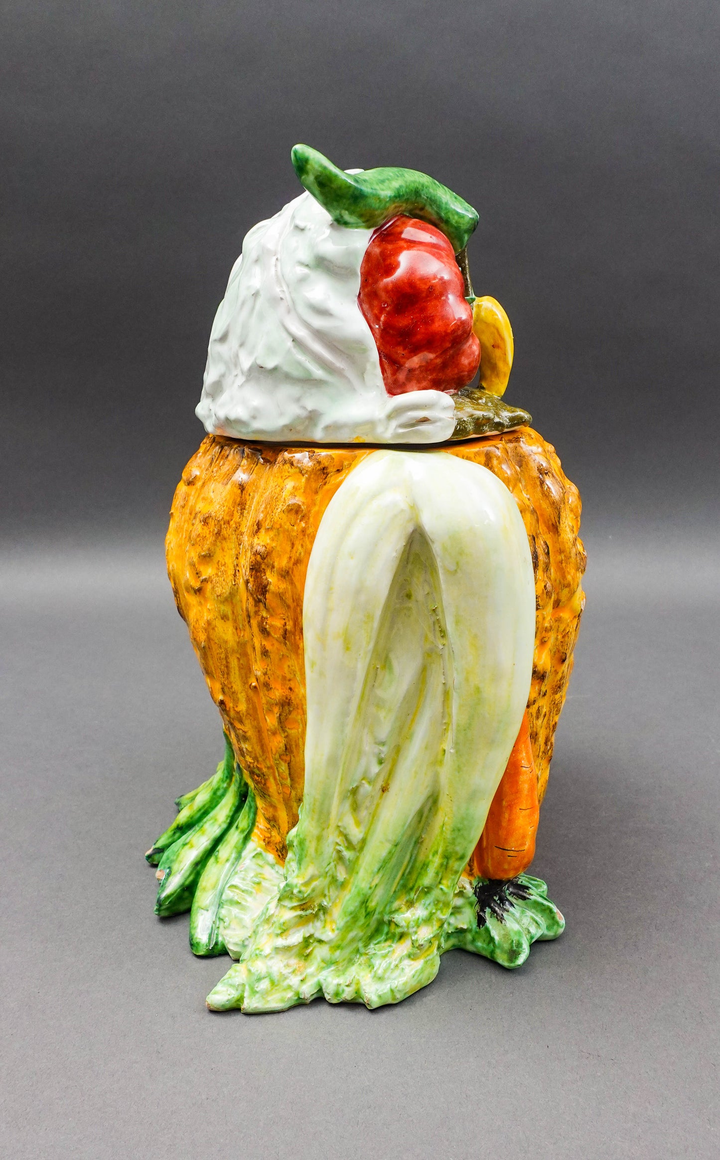 Vintage Italian Majolica Vegetables Owl Art Pottery Cookie Jar Canister (Read)