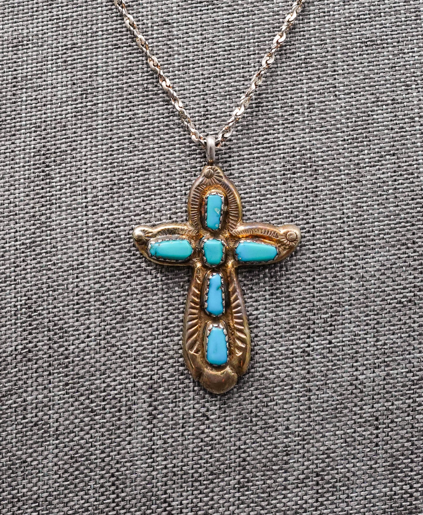 Horace Iule Signed Zuni Sterling Silver Turquoise Cross Pendant With Necklace