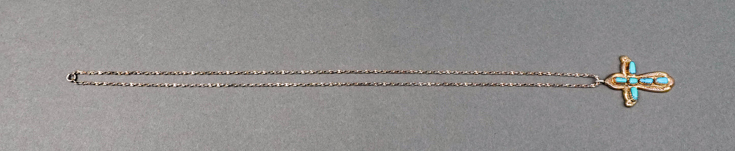 Horace Iule Signed Zuni Sterling Silver Turquoise Cross Pendant With Necklace