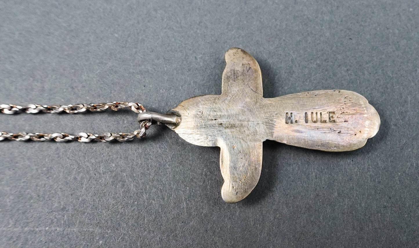 Horace Iule Signed Zuni Sterling Silver Turquoise Cross Pendant With Necklace