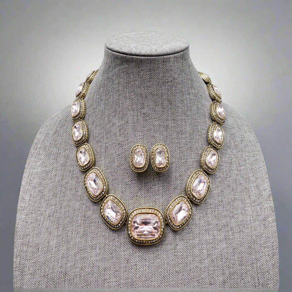Heidi Daus Signed Exquisite Elegance Pale Pink Crystal Necklace & Earrings Set