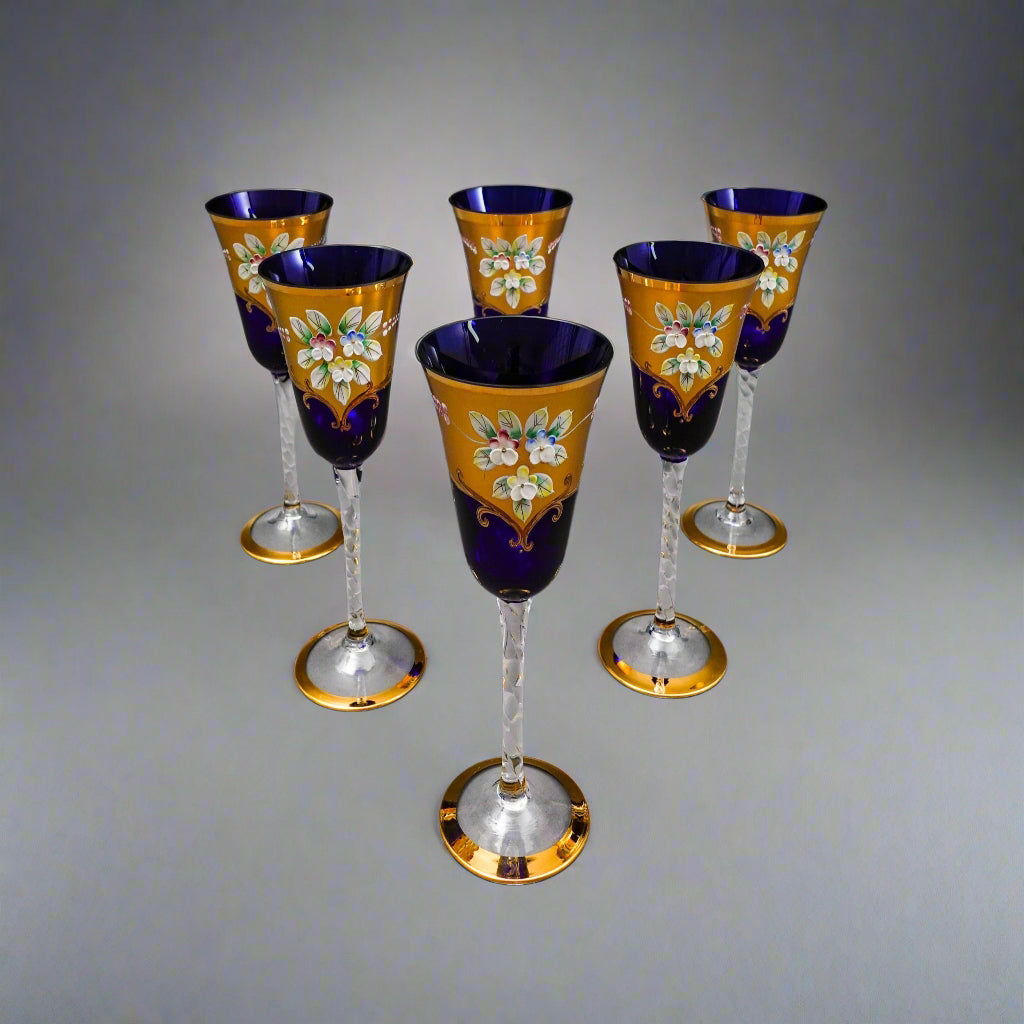 Tre Fuochi Venetian Murano Glass Cobalt Blue 24K Gold Wine Glasses Set Of 6