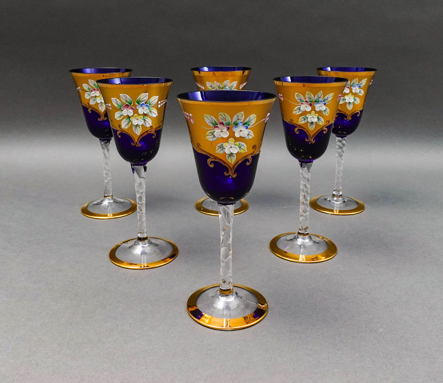 Tre Fuochi Venetian Murano Glass Cobalt Blue 24K Gold Wine Glasses Set Of 6