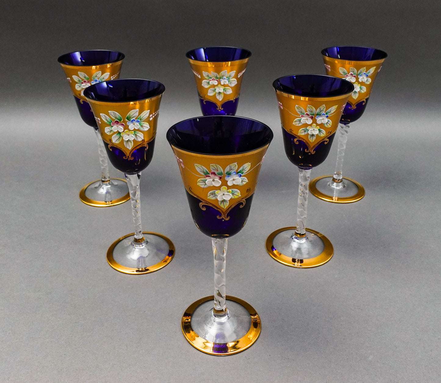 Tre Fuochi Venetian Murano Glass Cobalt Blue 24K Gold Wine Glasses Set Of 6