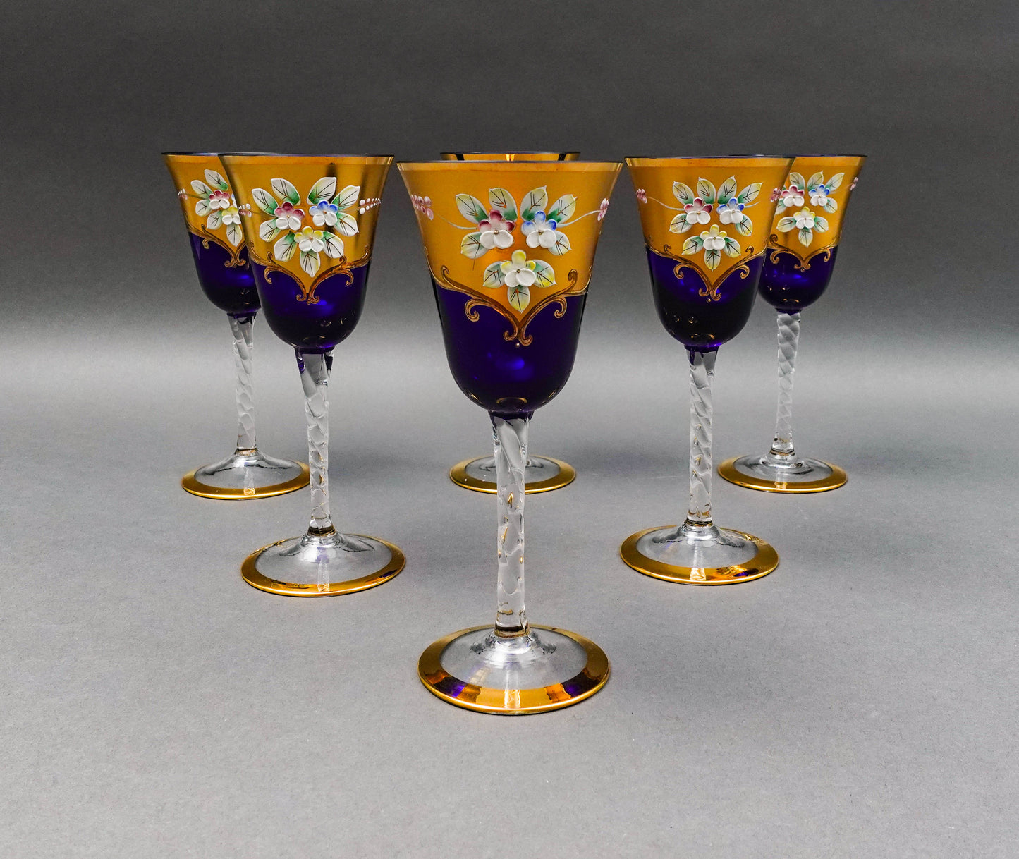 Tre Fuochi Venetian Murano Glass Cobalt Blue 24K Gold Wine Glasses Set Of 6