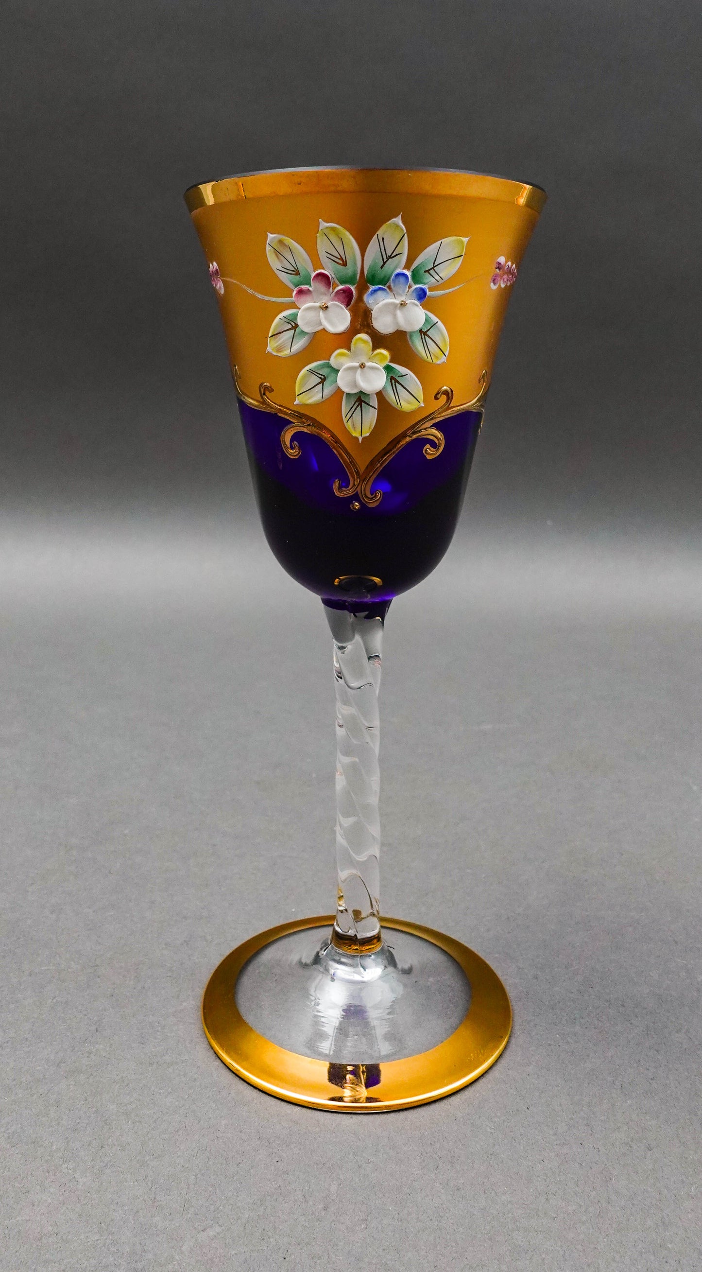 Tre Fuochi Venetian Murano Glass Cobalt Blue 24K Gold Wine Glasses Set Of 6