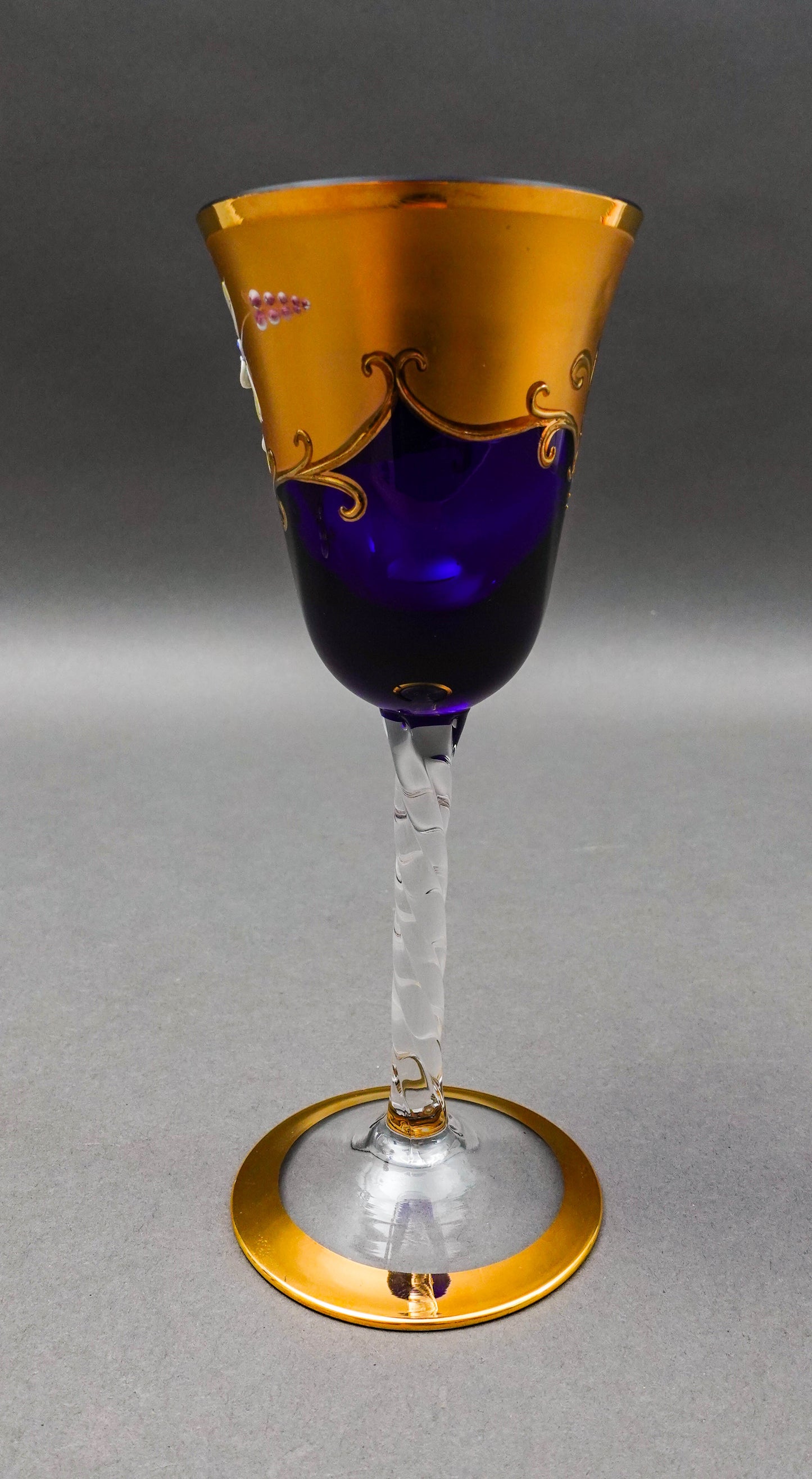 Tre Fuochi Venetian Murano Glass Cobalt Blue 24K Gold Wine Glasses Set Of 6