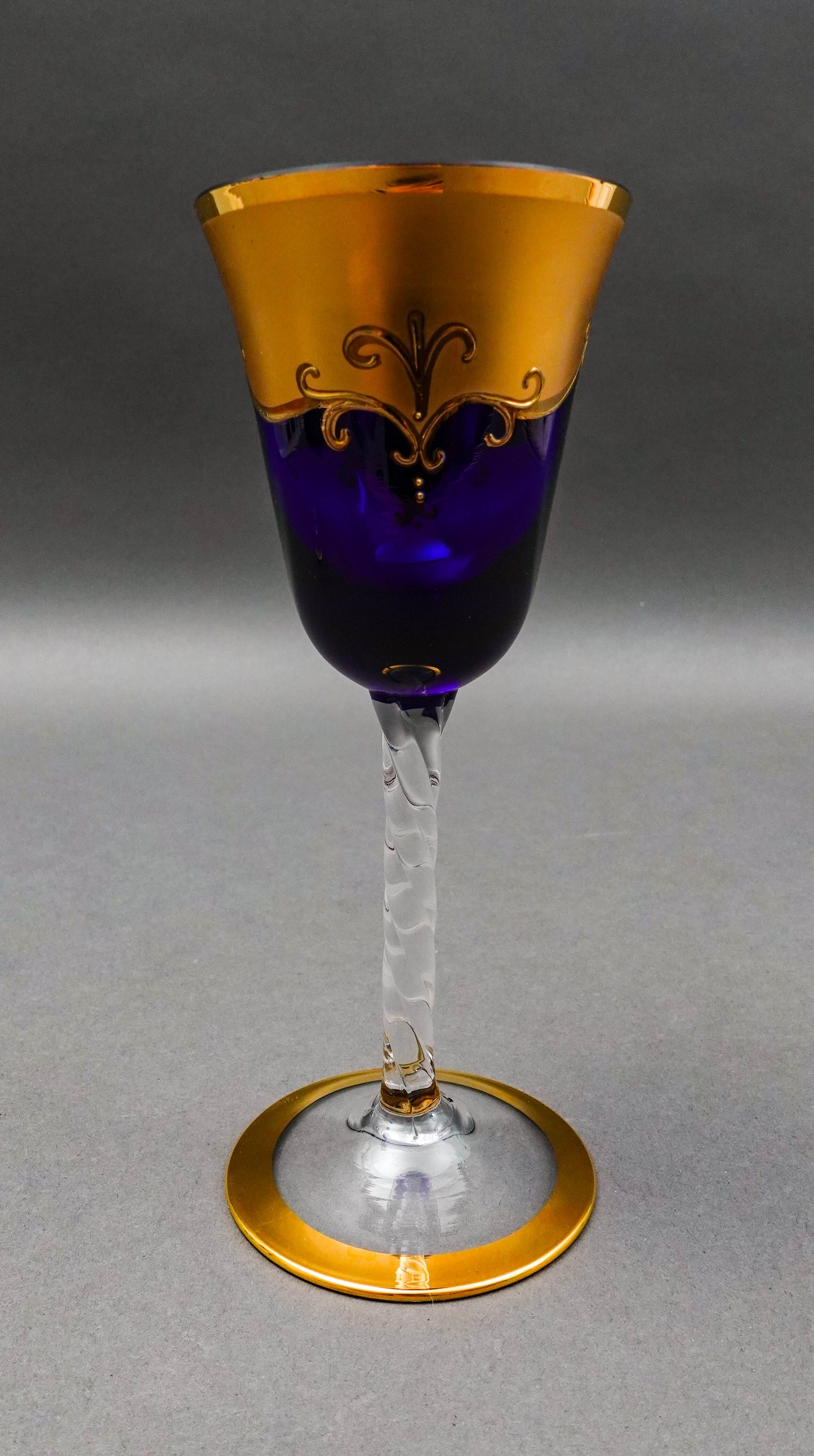 Tre Fuochi Venetian Murano Glass Cobalt Blue 24K Gold Wine Glasses Set Of 6