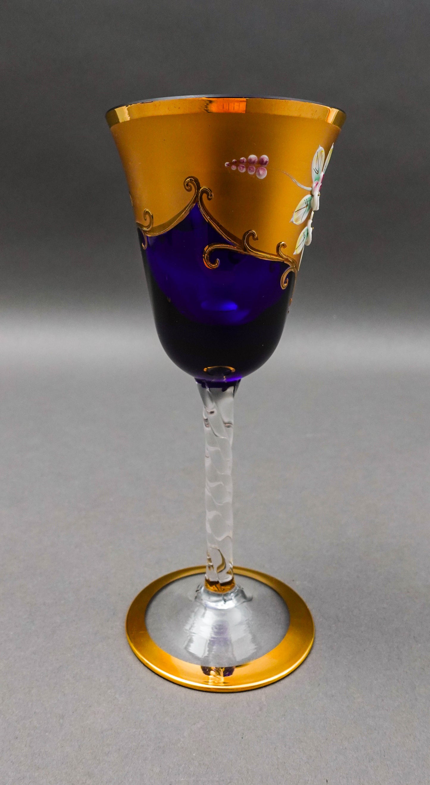 Tre Fuochi Venetian Murano Glass Cobalt Blue 24K Gold Wine Glasses Set Of 6