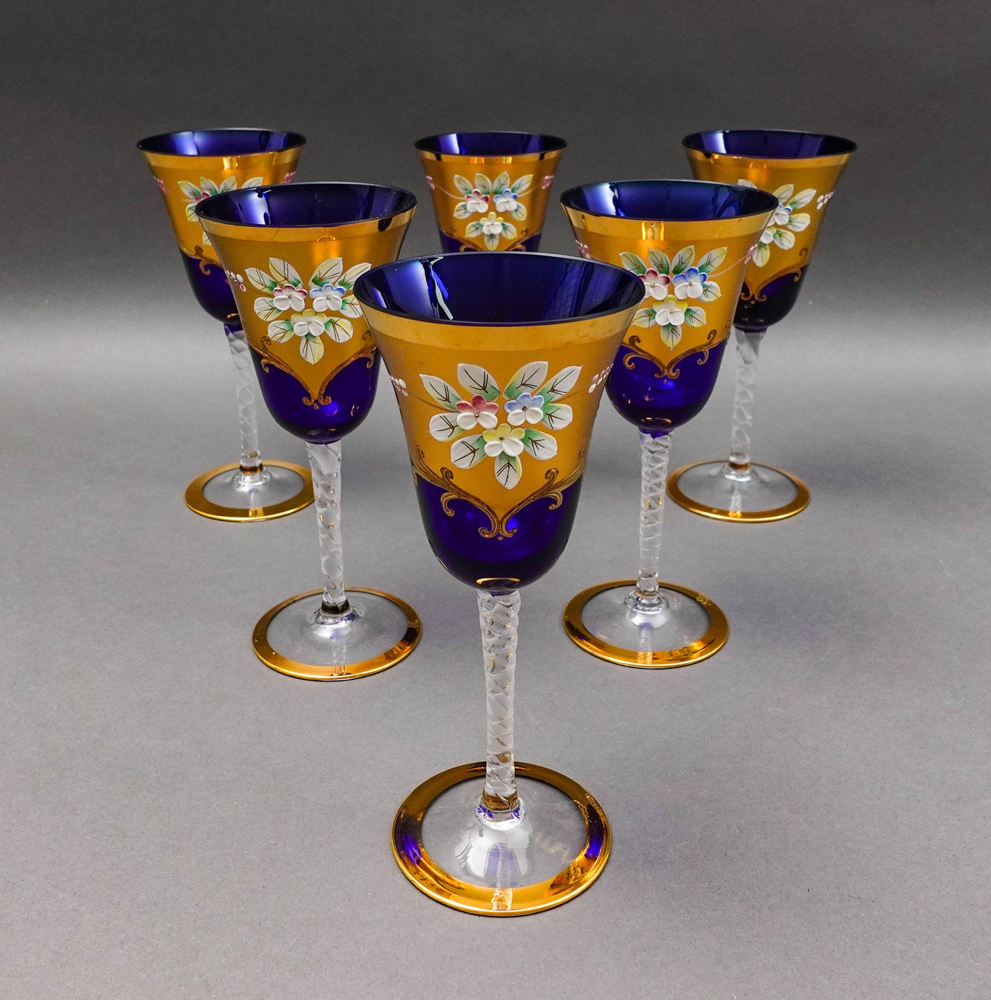 Tre Fuochi Venetian Murano Glass Cobalt Blue 24K Gold Wine Glasses Set Of 6