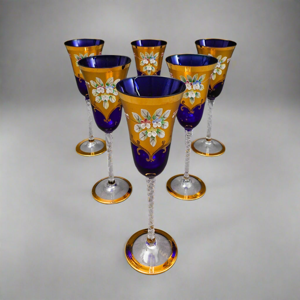 Tre Fuochi Venetian Murano Glass Cobalt Blue 24K Gold Wine Glasses Set Of 6