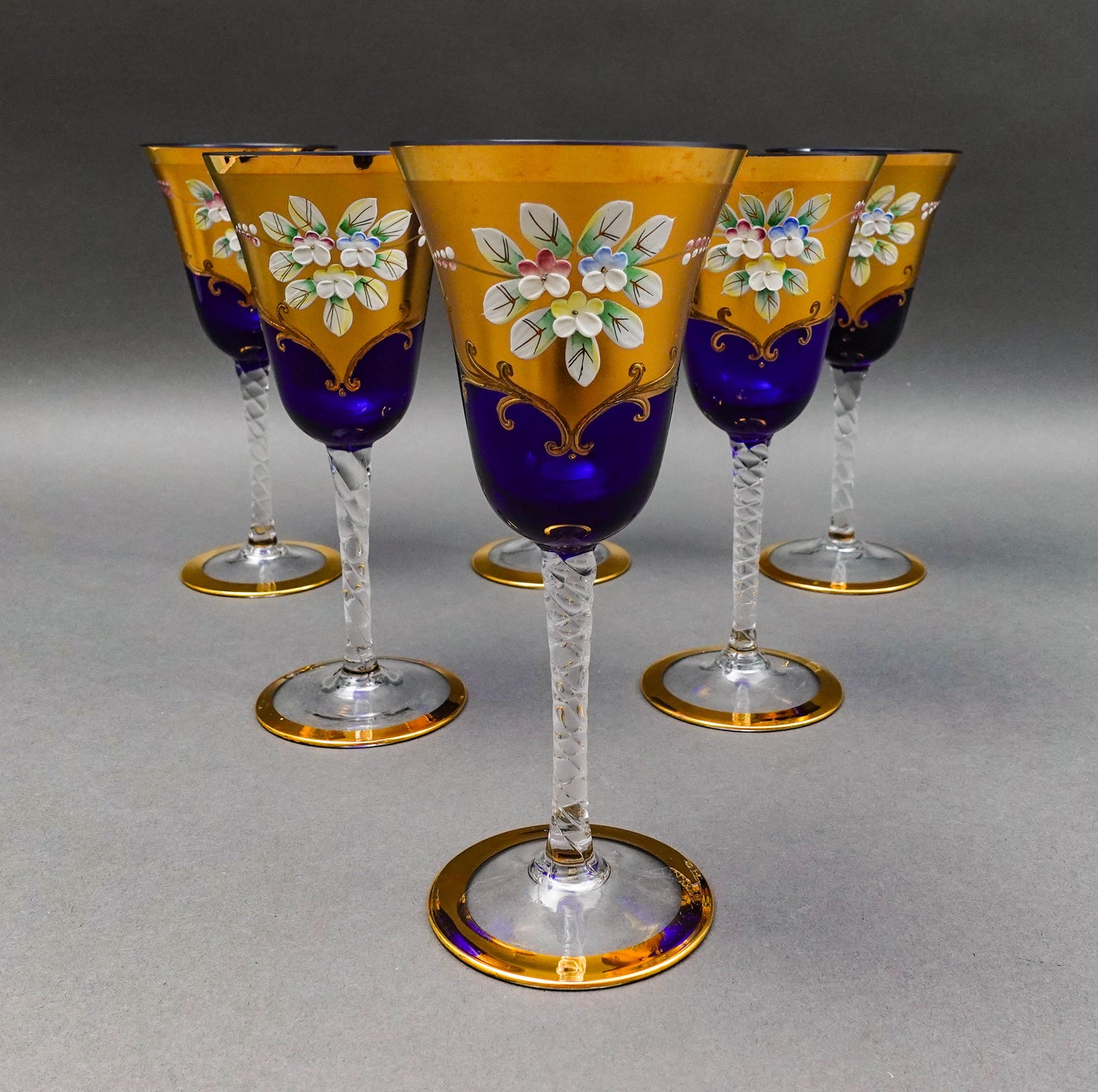 Tre Fuochi Venetian Murano Glass Cobalt Blue 24K Gold Wine Glasses Set Of 6