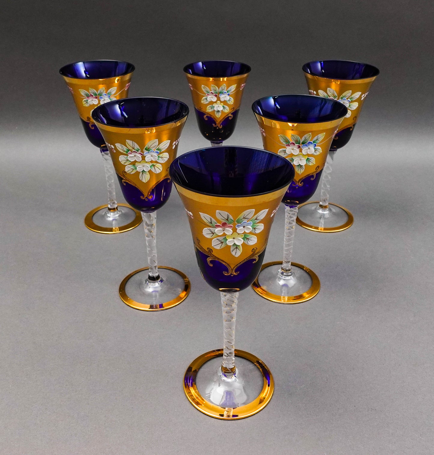 Tre Fuochi Venetian Murano Glass Cobalt Blue 24K Gold Wine Glasses Set Of 6