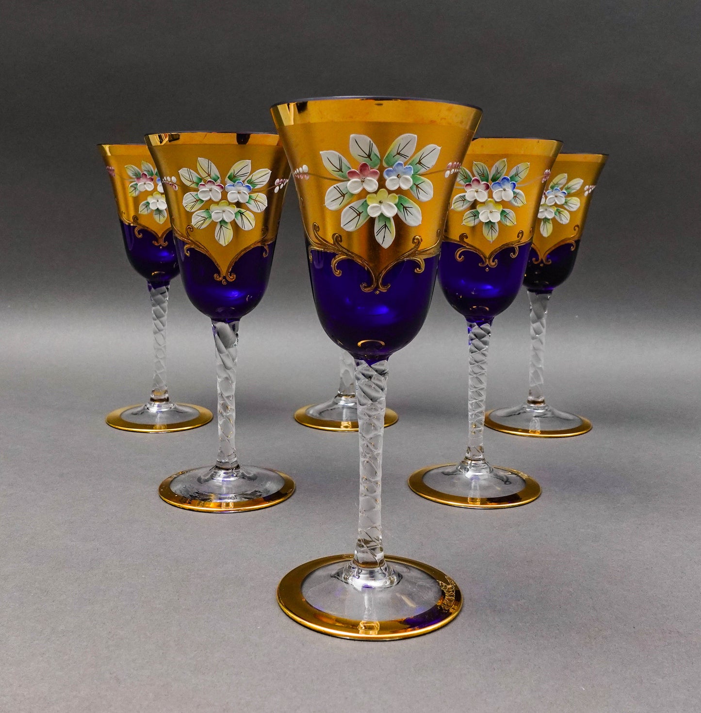 Tre Fuochi Venetian Murano Glass Cobalt Blue 24K Gold Wine Glasses Set Of 6
