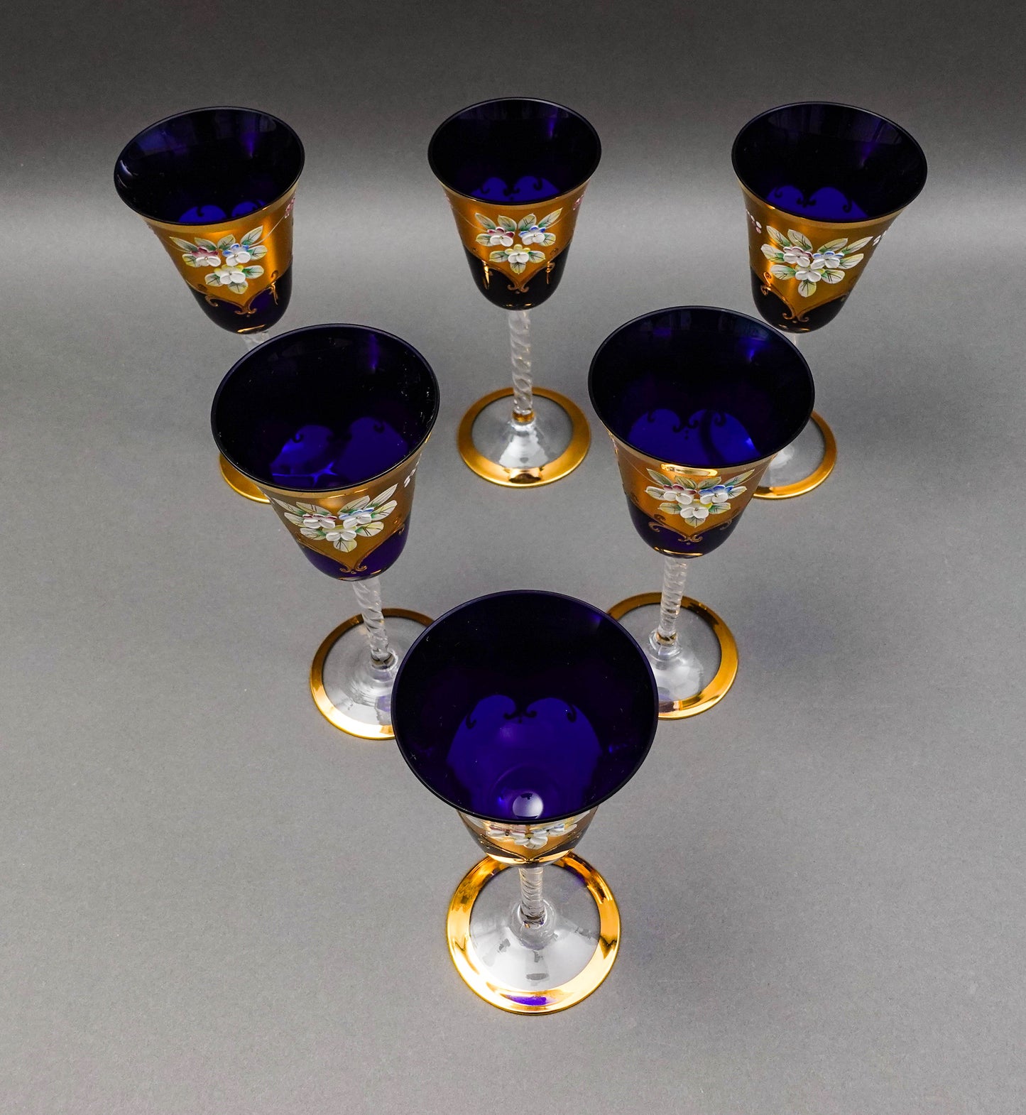 Tre Fuochi Venetian Murano Glass Cobalt Blue 24K Gold Wine Glasses Set Of 6