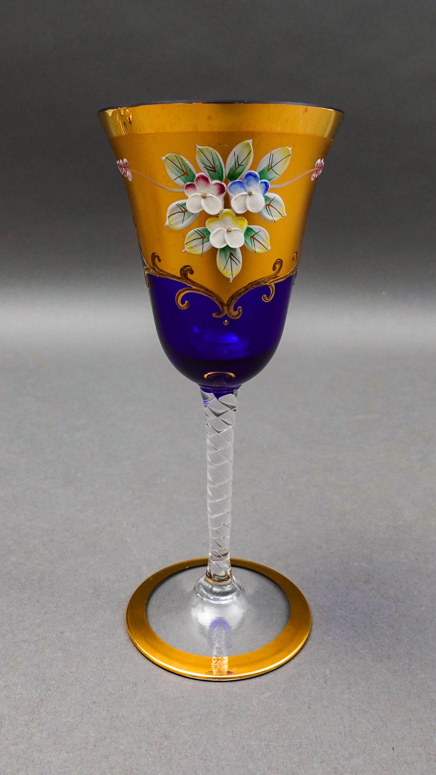 Tre Fuochi Venetian Murano Glass Cobalt Blue 24K Gold Wine Glasses Set Of 6
