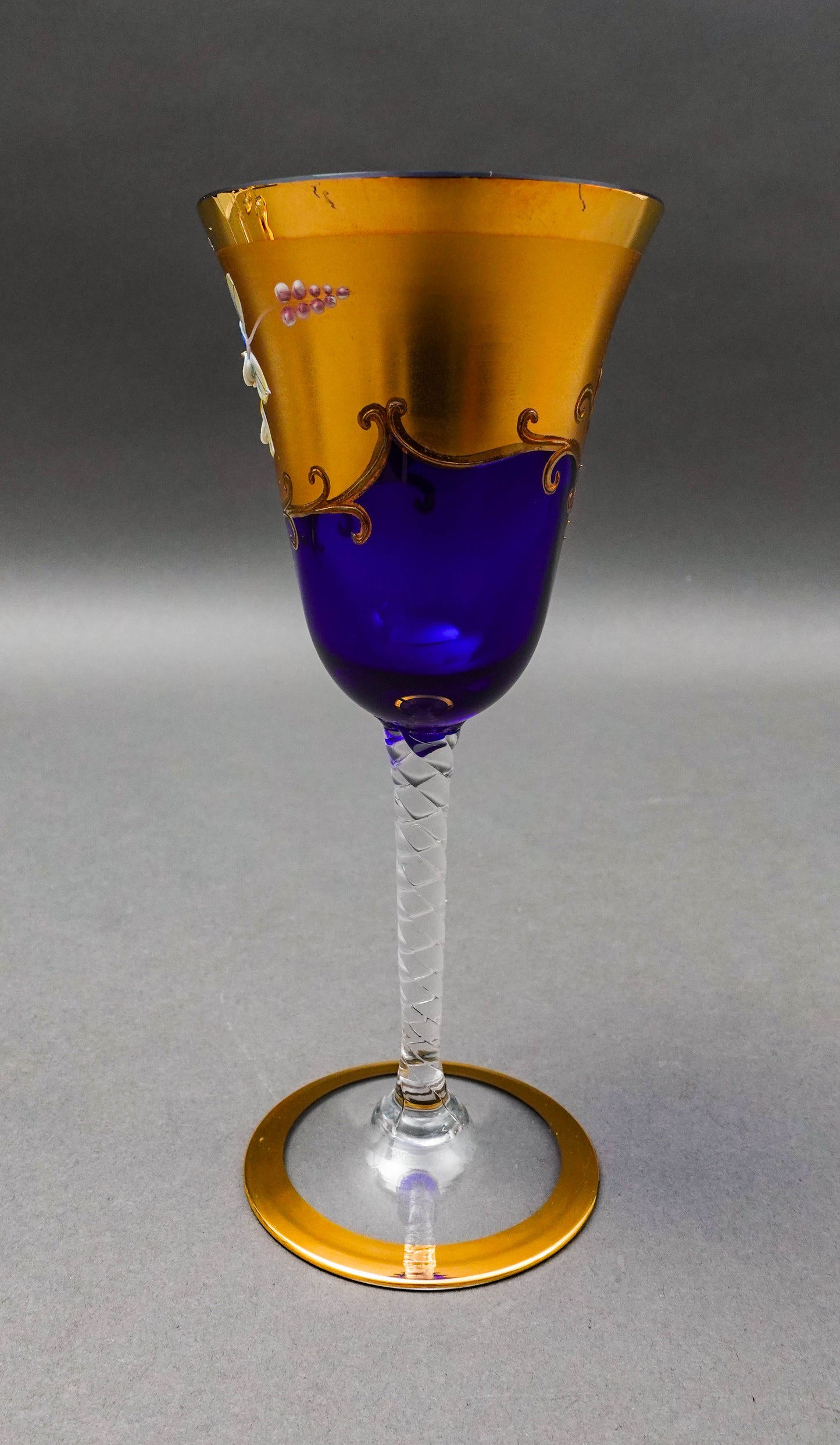 Tre Fuochi Venetian Murano Glass Cobalt Blue 24K Gold Wine Glasses Set Of 6