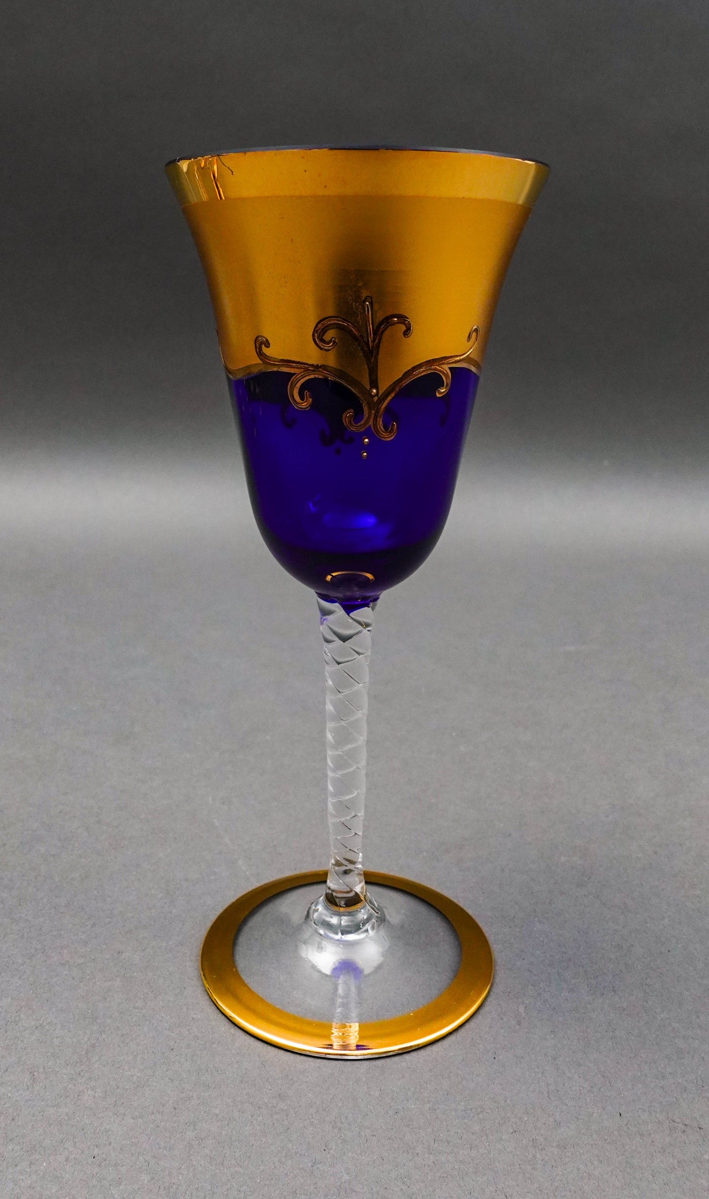 Tre Fuochi Venetian Murano Glass Cobalt Blue 24K Gold Wine Glasses Set Of 6