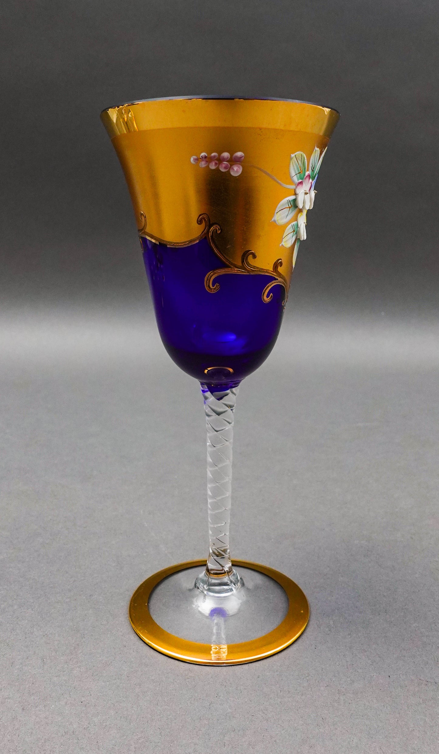 Tre Fuochi Venetian Murano Glass Cobalt Blue 24K Gold Wine Glasses Set Of 6
