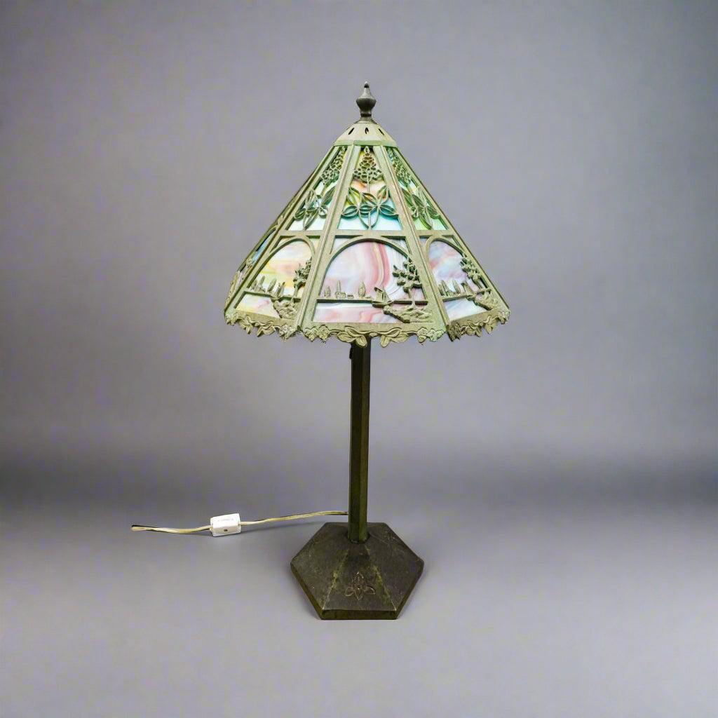 Bradley & Hubbard Antique Vintage Arts And Crafts Leaded Slag Glass Table Lamp