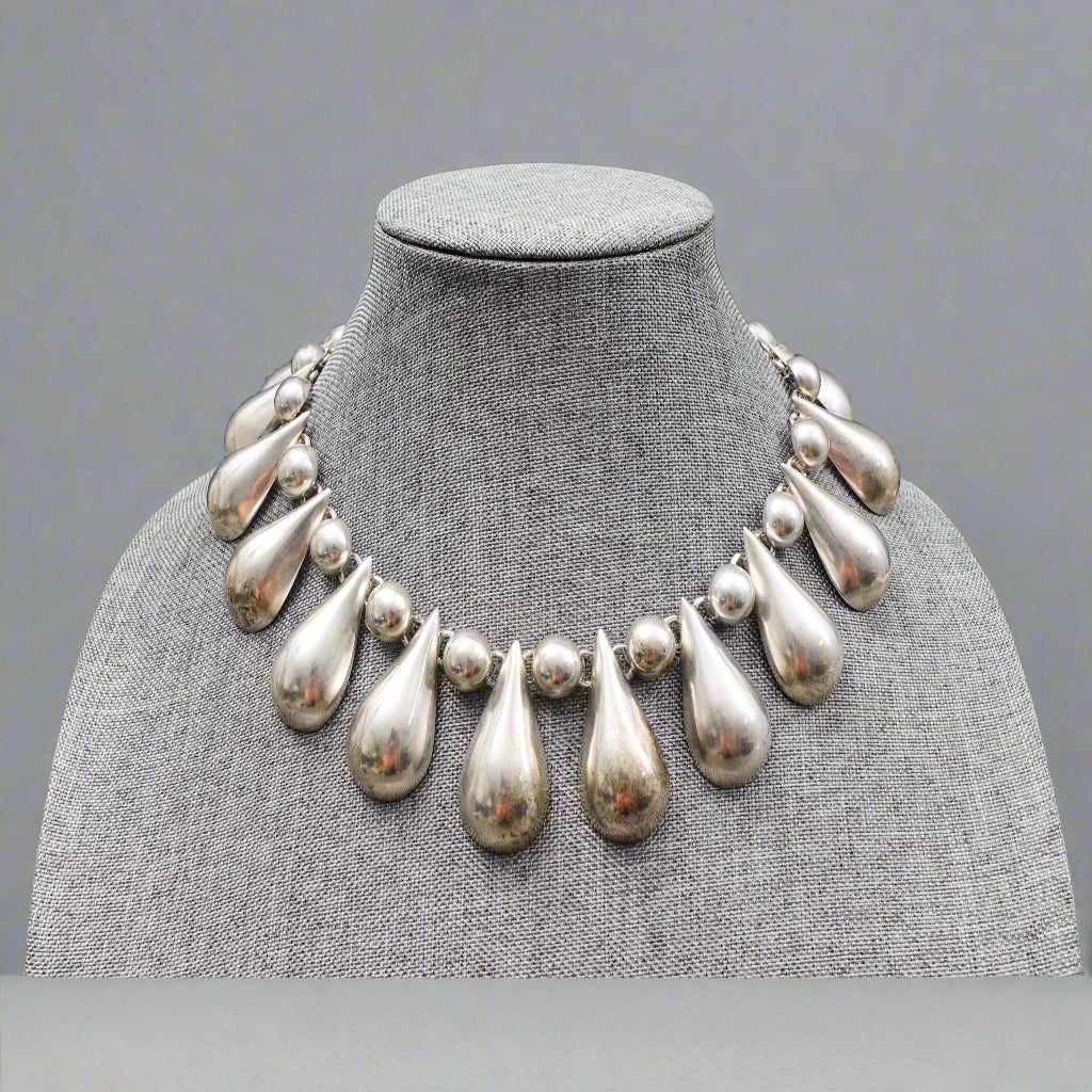 Mexico 925 Sterling Silver Heavy Modernist Teardrop Bead Choker Necklace 193.5g