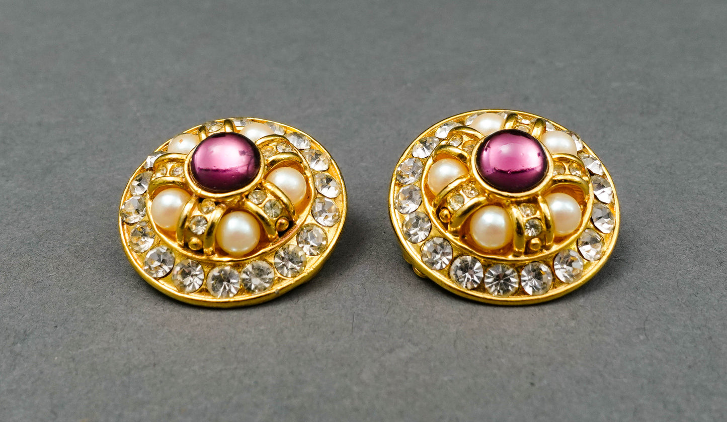 Blanca Vintage Round Gold Tone Cabochon Rhinestone Faux Pearl Clip Earrings