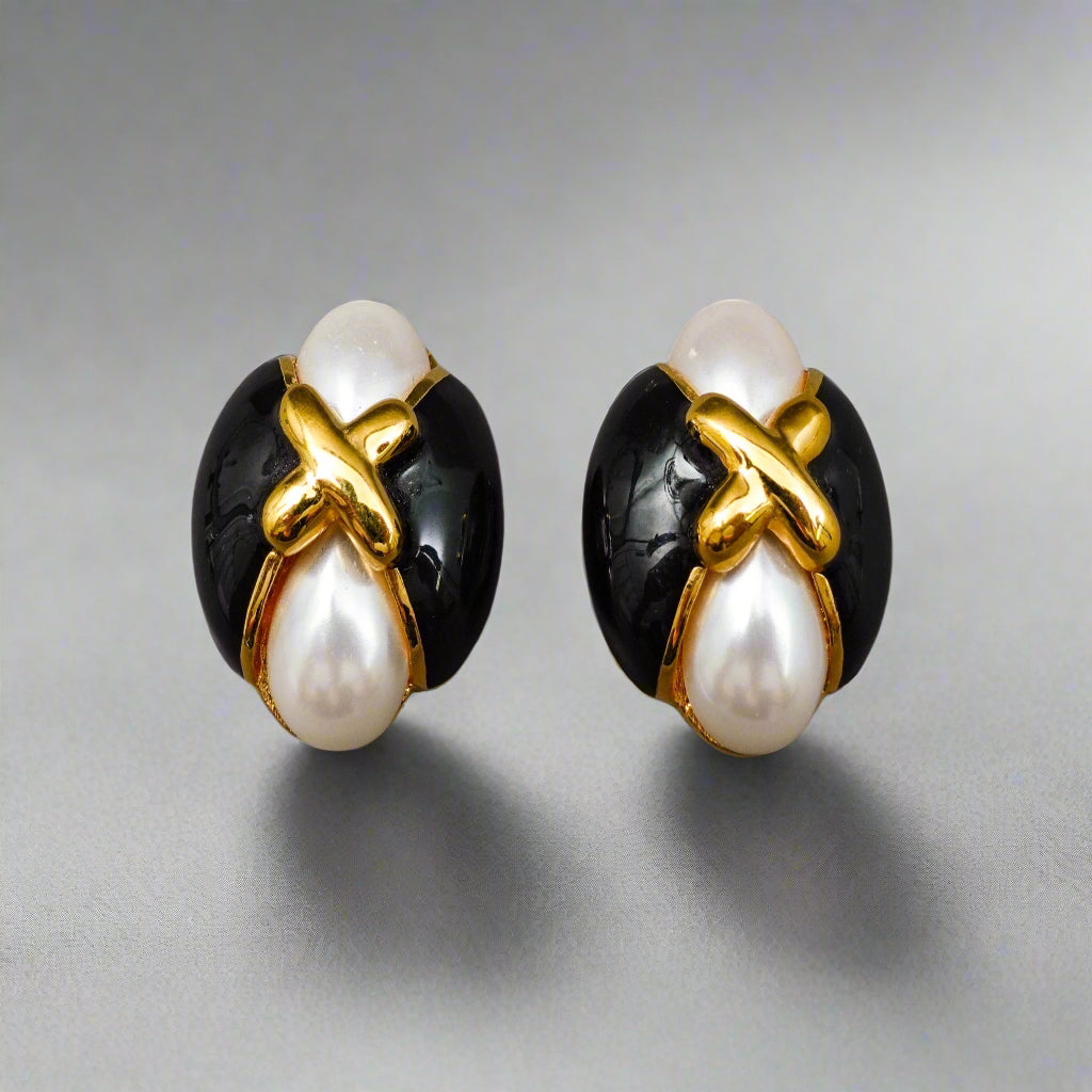 St. John Vintage Gold Tone Faux Pearl Black Enamel Statement Clip Earrings