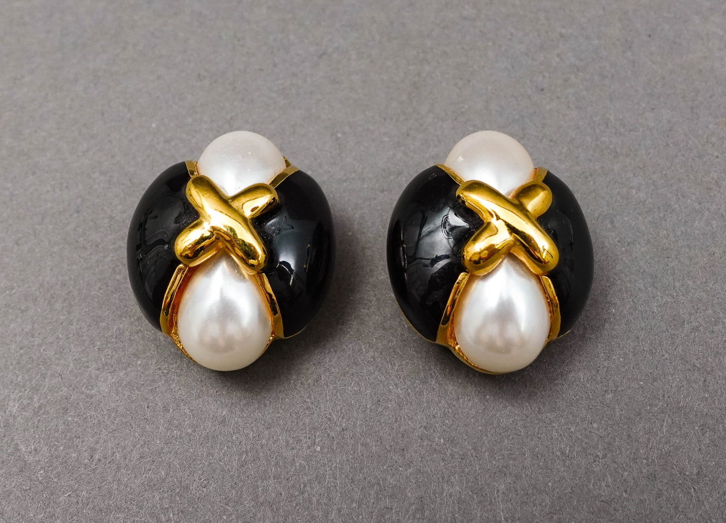 St. John Vintage Gold Tone Faux Pearl Black Enamel Statement Clip Earrings