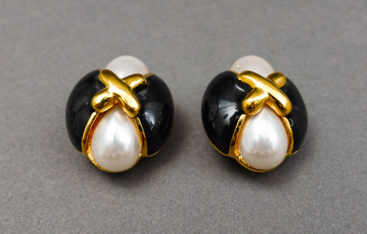 St. John Vintage Gold Tone Faux Pearl Black Enamel Statement Clip Earrings