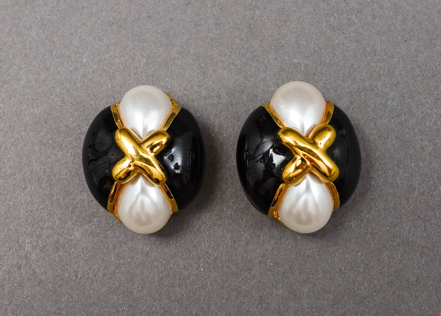 St. John Vintage Gold Tone Faux Pearl Black Enamel Statement Clip Earrings