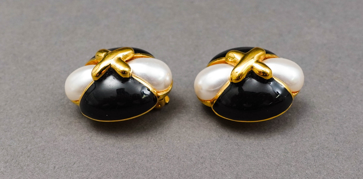 St. John Vintage Gold Tone Faux Pearl Black Enamel Statement Clip Earrings