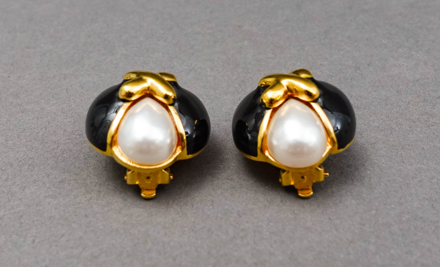 St. John Vintage Gold Tone Faux Pearl Black Enamel Statement Clip Earrings